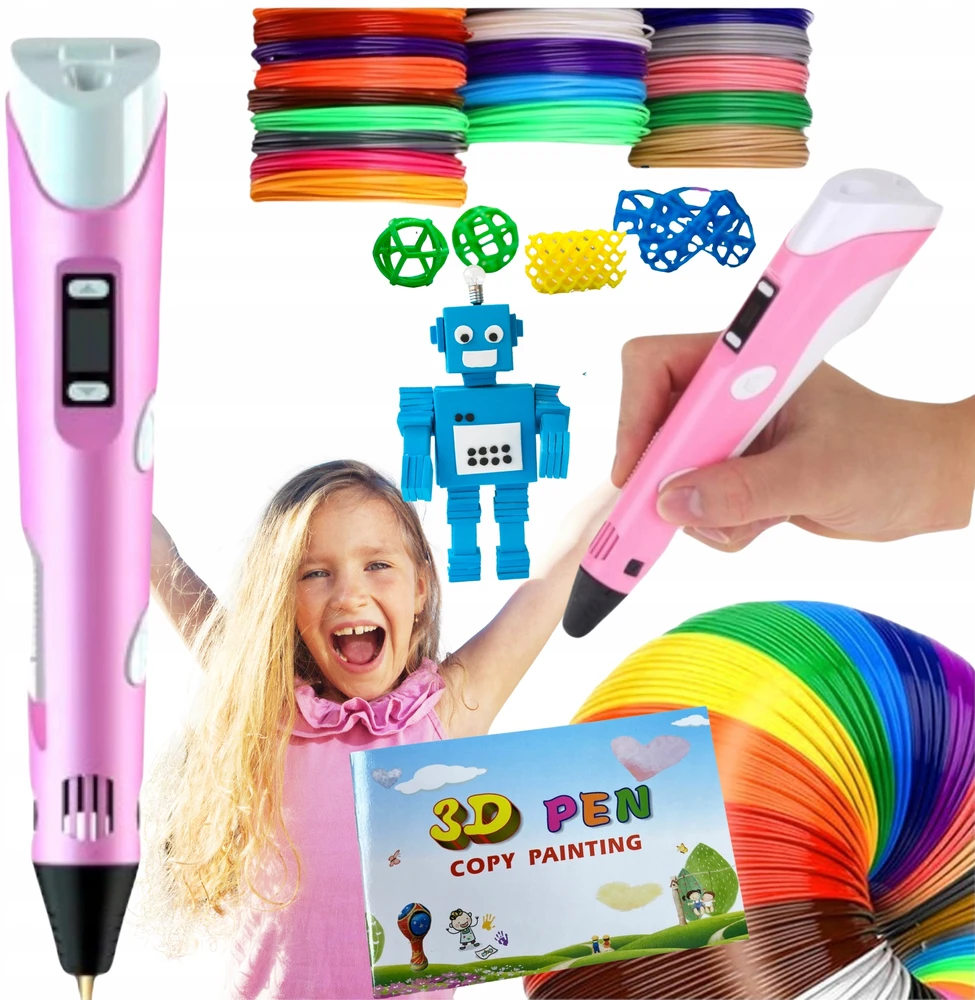 PD 3D rašiklis vaikams 3D spausdintuvas PEN Rožinė + 210m FILAMENTAS + šablonai