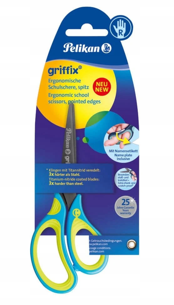 Pelikan Žirklės dešiniarank. GRIFFIX 15cm neon.gelt.-melsvos