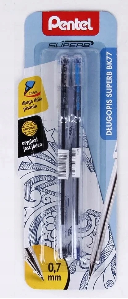 Pentel Bk77 rašiklis: 2 vnt. (juodas, mėlynas), 0.7mm, 1700m rašymo linija