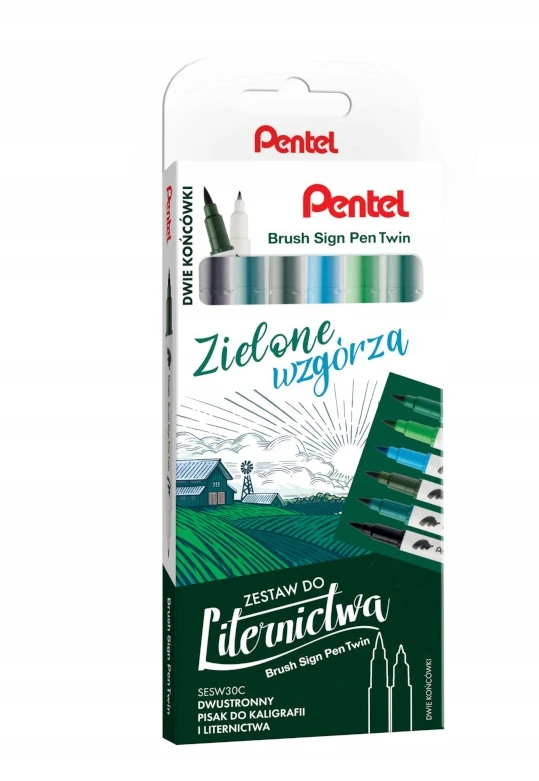 Pentel dvipusiai rašikliai kaligrafijai, 6 vnt., žali