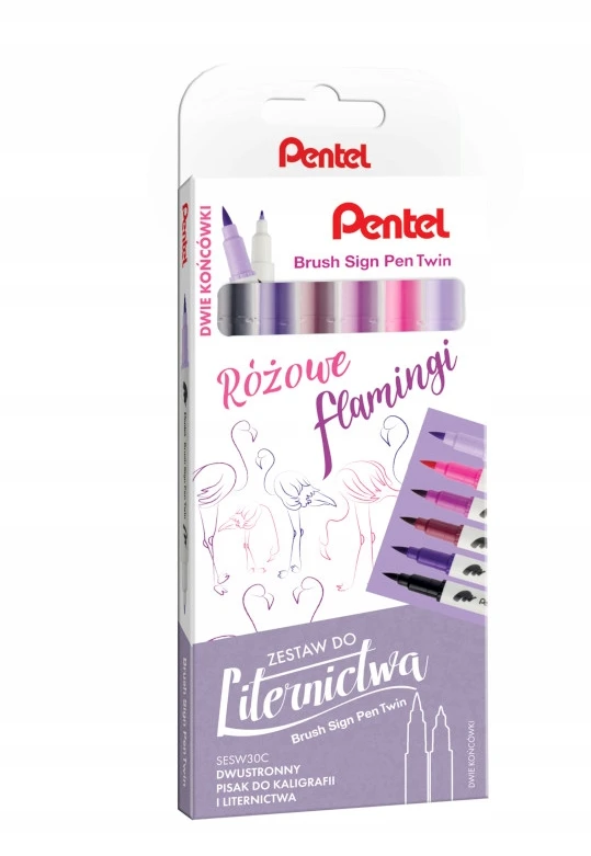 Pentel dvipusiai žymekliai kaligrafijai, 6 vnt., rožiniai