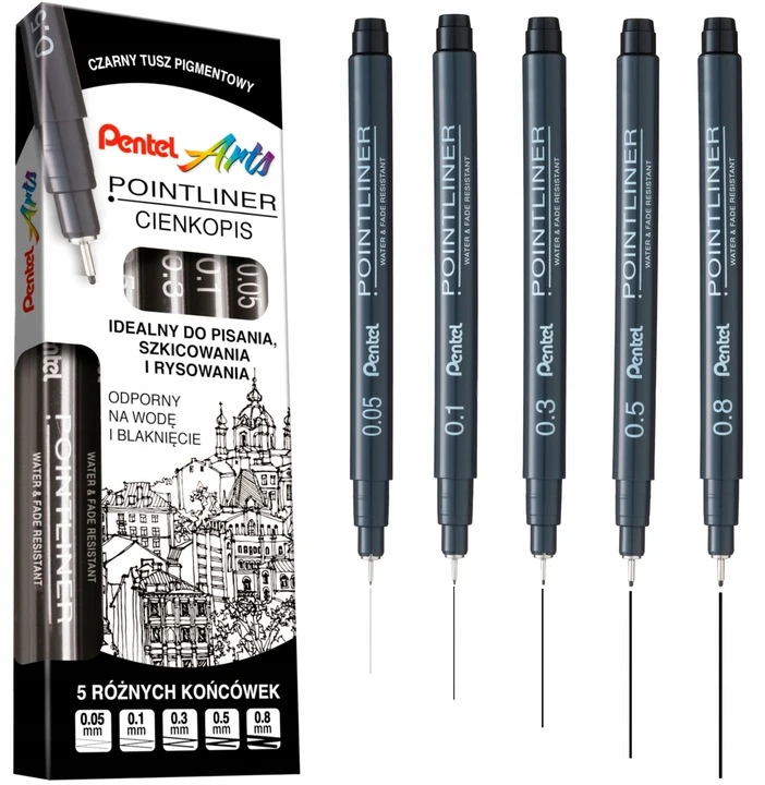 Pentel Pointliner juodi plunksniniai rašikliai, 5 vnt.