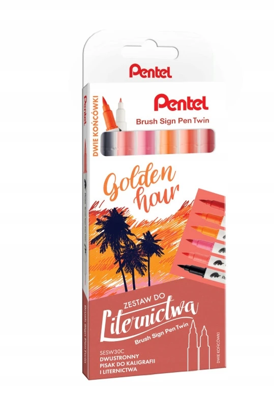 Pentel rašikliai kaligrafijai, 6 vnt., dvipusiai, "golden Hour"