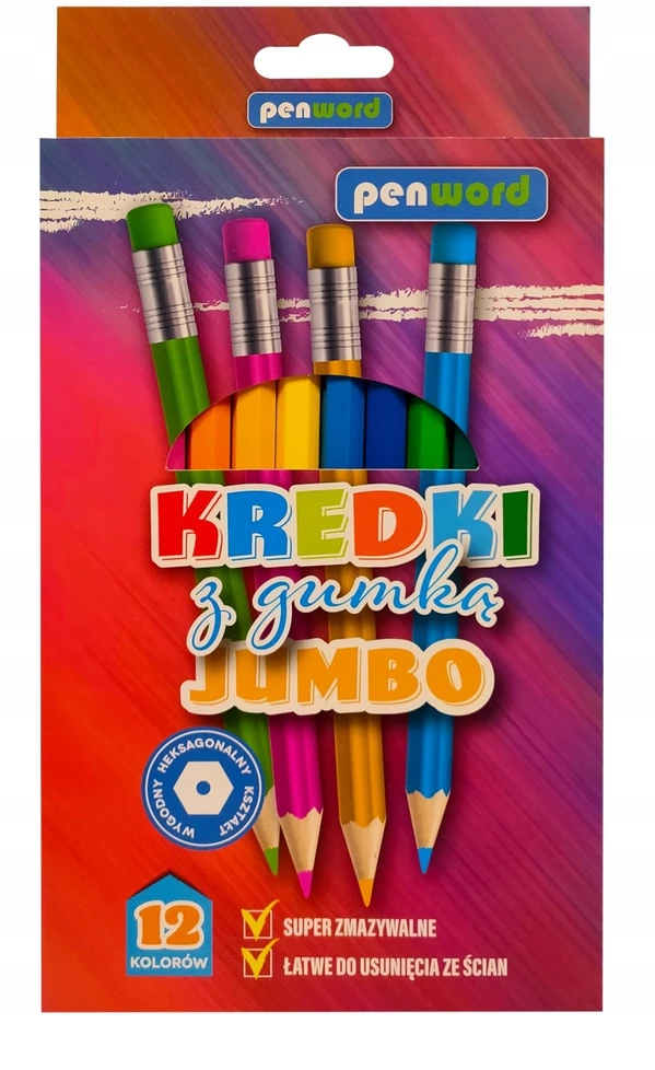Polsirhurt Penword Jumbo storos spalvoti pieštukai su trintuku, 12 vnt.