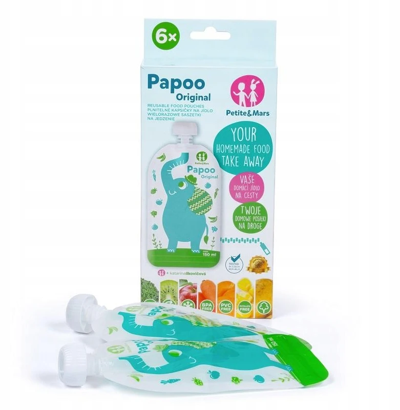Petite&Mars PAPOO daugkartinio naudojimo maisto maišeliai 6 vnt. Elephant 901807