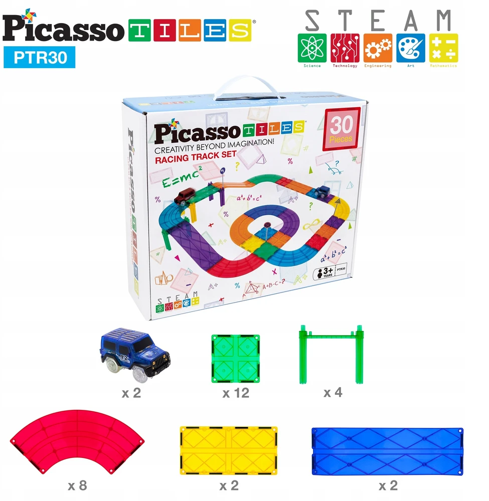 Picasso Tiles PicassoTiles Magnetinis automobilių takelis Picasso plytelės magnetiniai blokai 30 elementų dideli