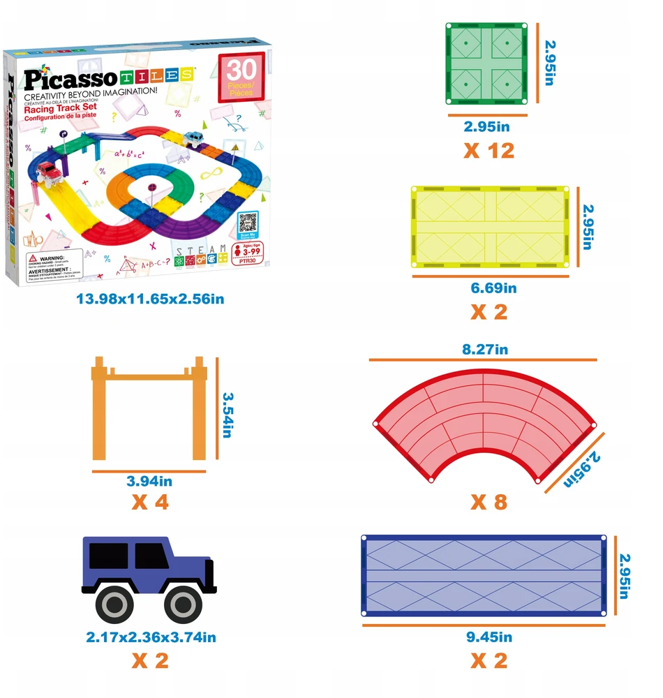 Picasso Tiles PicassoTiles Magnetinis automobilių takelis Picasso plytelės magnetiniai blokai 30 elementų dideli
