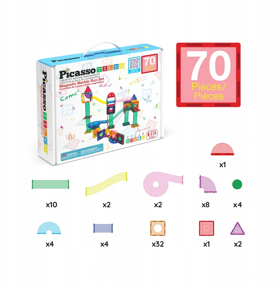 Picasso Tiles PicassoTiles PICASSO MAGNETINIAI KALULAI Kamuoliukų takelis vaikams, 70 elementų