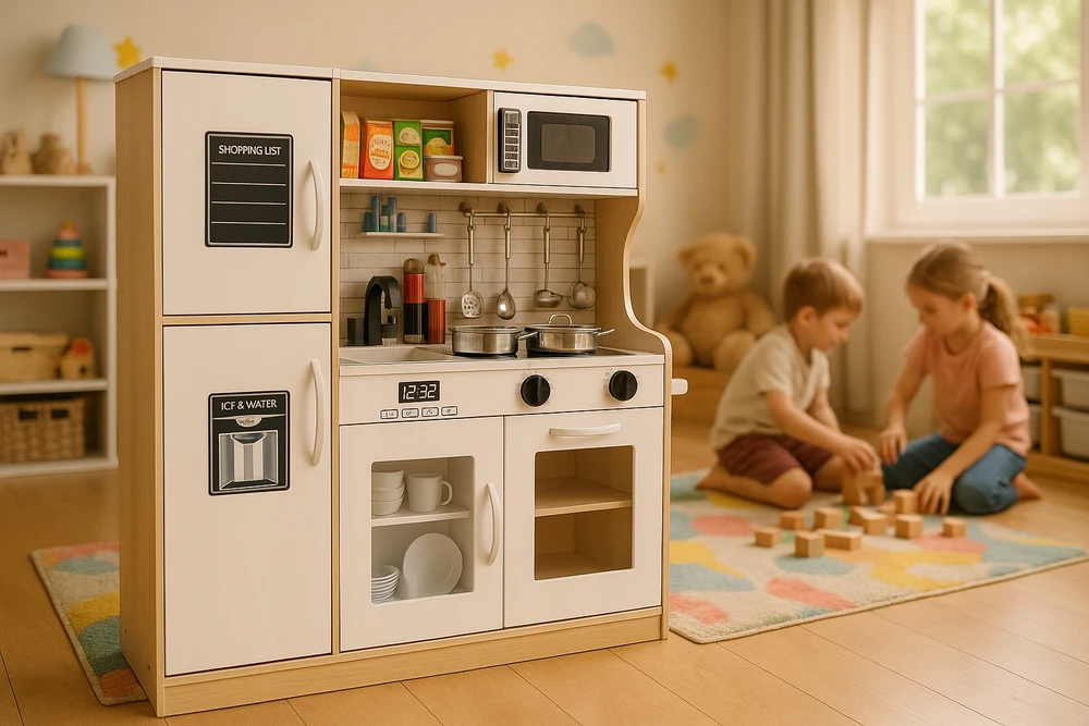 Picollo Medinė virtuvė vaikams, didelė viryklė + puodai, priedai, LED šviestuvas