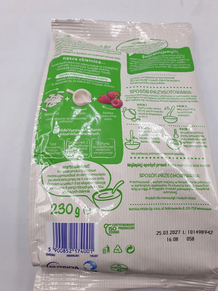 Pieninių ryžių aviečių košė Bobovita 230g