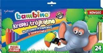 BAMBINO Mediniai trikampiai pieštukai mediniame rėmelyje 24 spalvos + galąstuvas