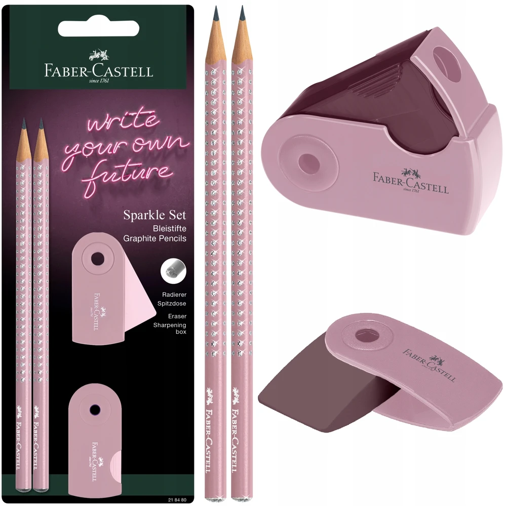 Pieštukų, trintuko ir drožtuko rinkinys Faber-Castell Sparkle rožiniai atspalviai