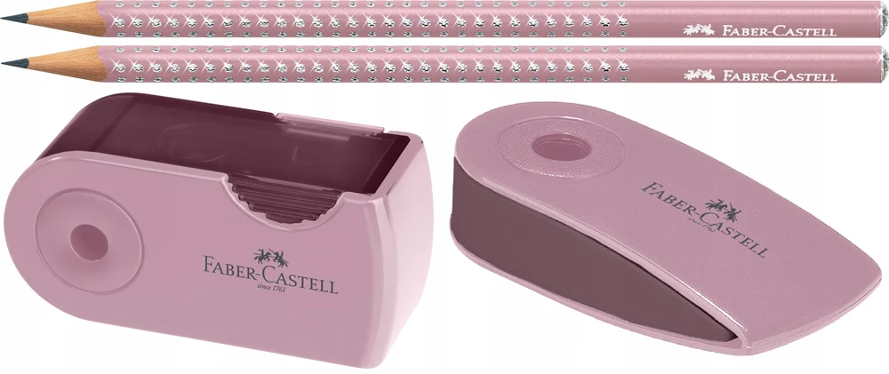 Pieštukų, trintuko ir drožtuko rinkinys Faber-Castell Sparkle rožiniai atspalviai
