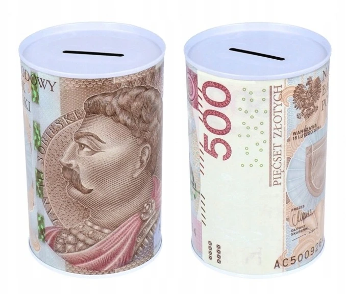 PIGGY BANK METALINĖS CIN NOMINĖS MONETOS PINIGŲ BANKNOTAS 500 M PLN