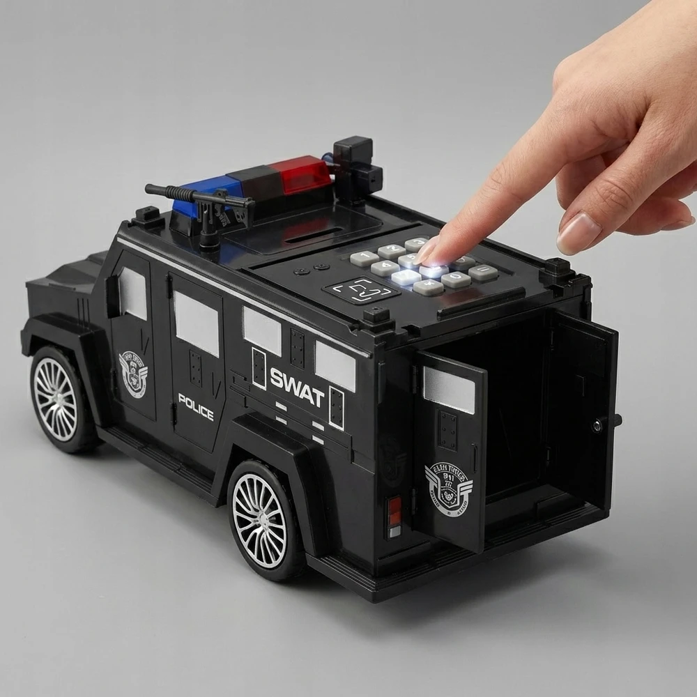 PIGGY BANK SAFE interaktyvus policijos automobilis vaikams, elektroninis, juodas
