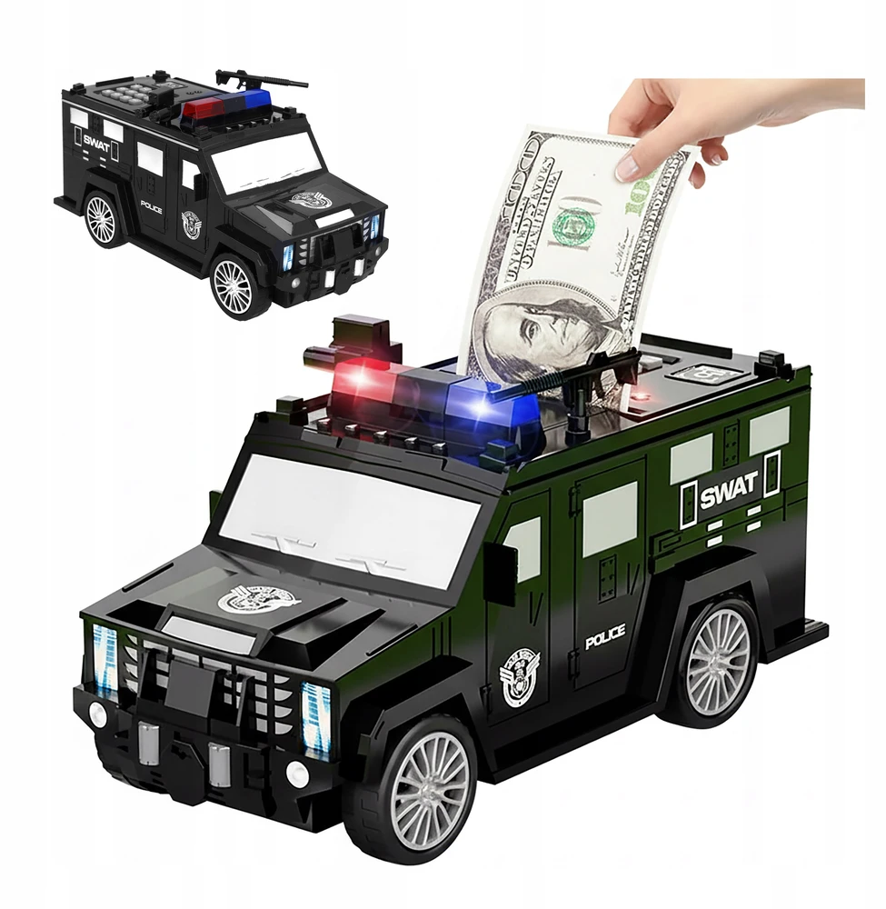 PIGGY BANK SAFE interaktyvus policijos automobilis vaikams, elektroninis, juodas