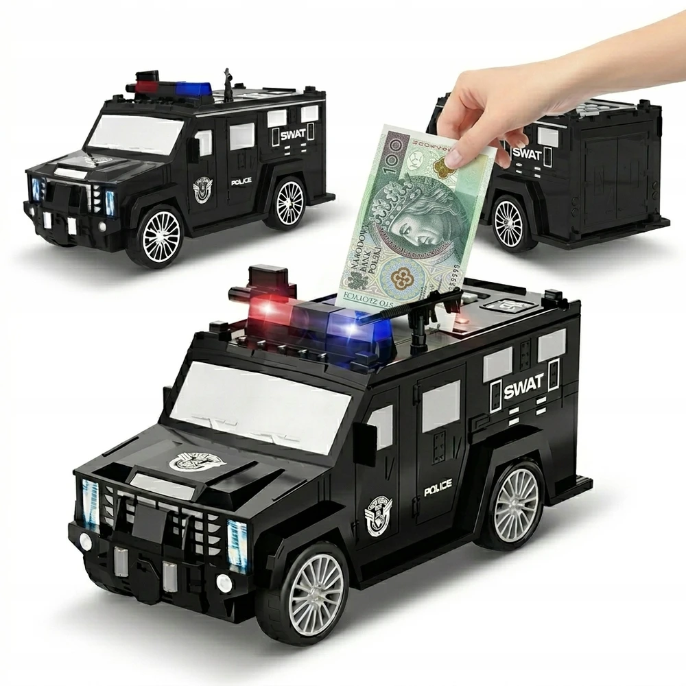 PIGGY BANK SAFE interaktyvus policijos automobilis vaikams, elektroninis, juodas