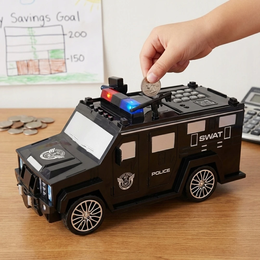PIGGY BANK SAFE interaktyvus policijos automobilis vaikams, elektroninis, juodas