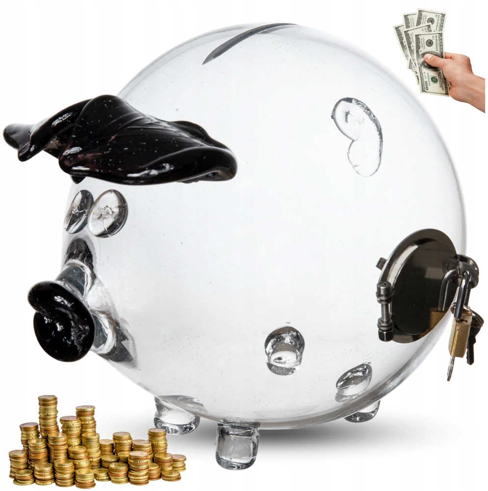 Piggy Bank Stiklas Piggy Bank su metaline skylute Rankų darbo XXL PIGGY BANK