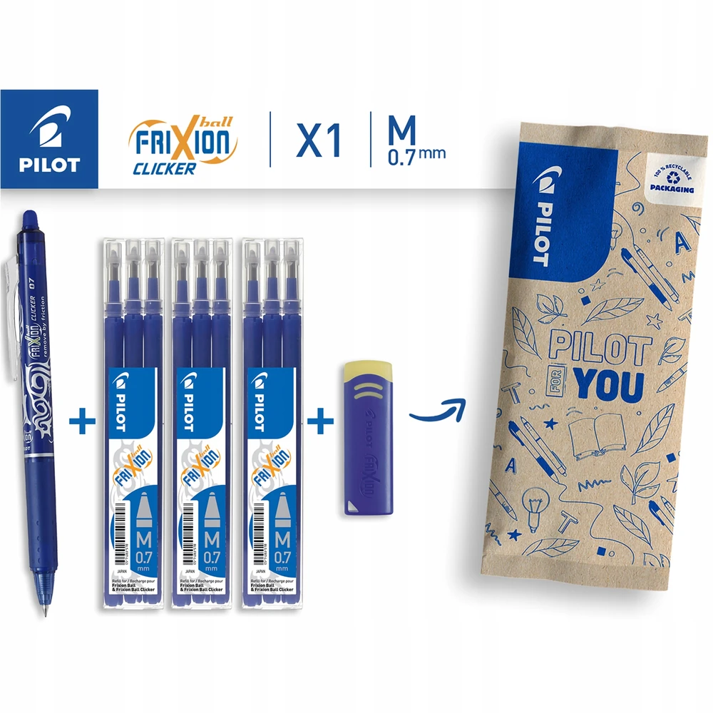Pilot Pen Pilot Frixion Clicker mėlynas rašiklis, 9 papildymai, trintukas