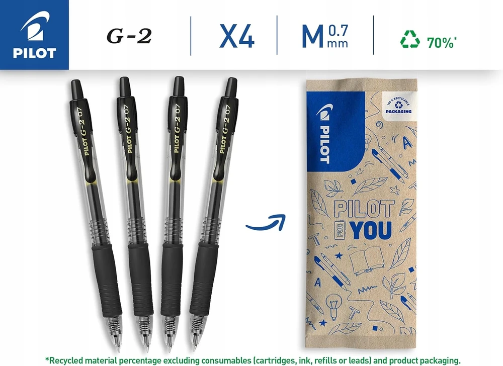 Pilot Pen Pilot G-2 07 geliniai rašikliai, juodi, 0,7 mm, 4 vnt.