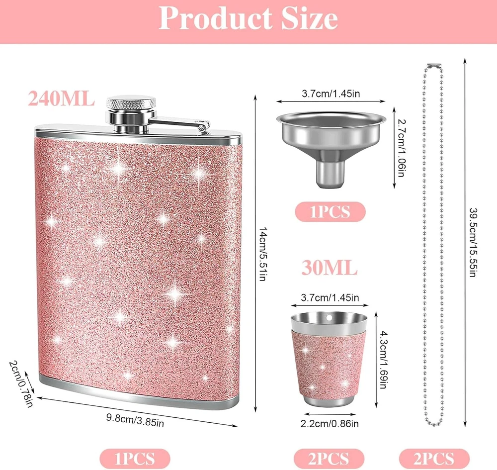 PILTUVAS 240 ml ROŽINIS GLITTER NERŪDIJANČIO PLIENO NEDARUS RINKINYS SU PILTUVU