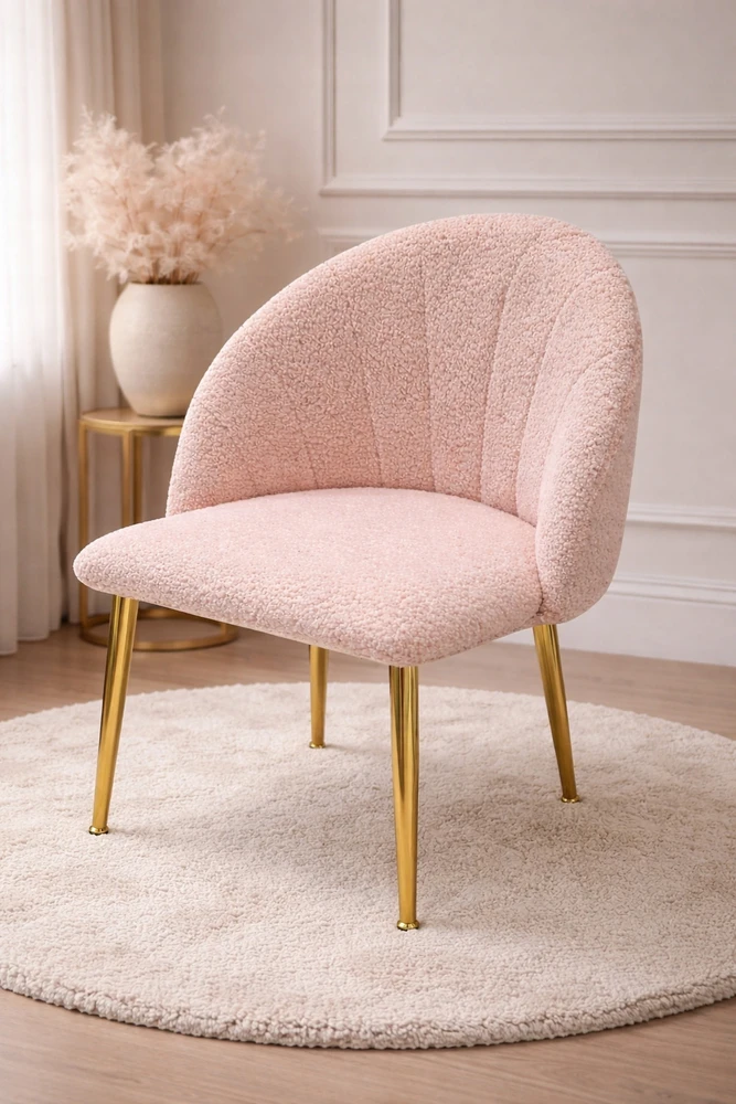 Pink BOUCLE "LAMB" MINŠTA KĖDĖ Rožinis GOLD LEGS GLAMOUR TEDDY stiliaus
