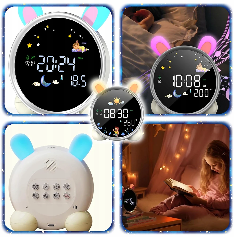Pixel ZEGAR BUDZIK KRÓLIK DLA DZIECI Naktinė lempa LED TIMER Baltas SZUM akumuliatorius