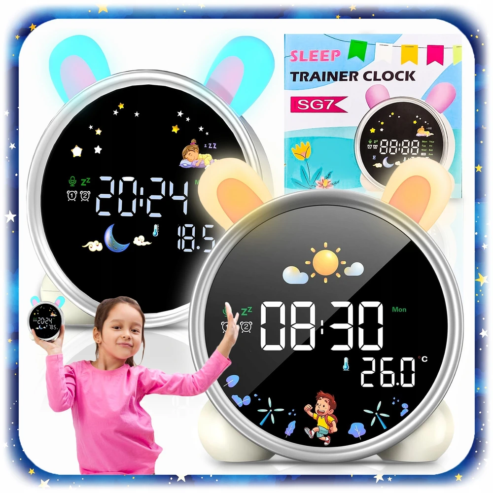 Pixel ZEGAR BUDZIK KRÓLIK DLA DZIECI Naktinė lempa LED TIMER Baltas SZUM akumuliatorius
