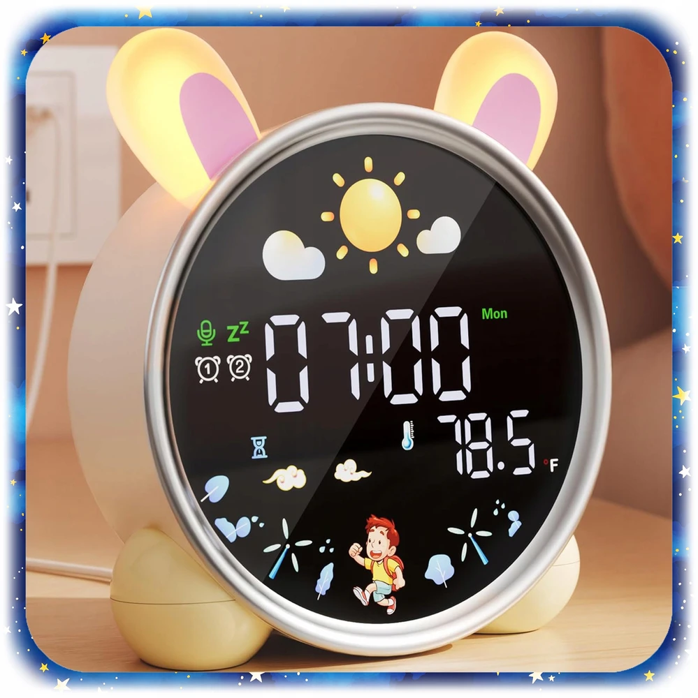 Pixel ZEGAR BUDZIK KRÓLIK DLA DZIECI Naktinė lempa LED TIMER Baltas SZUM akumuliatorius