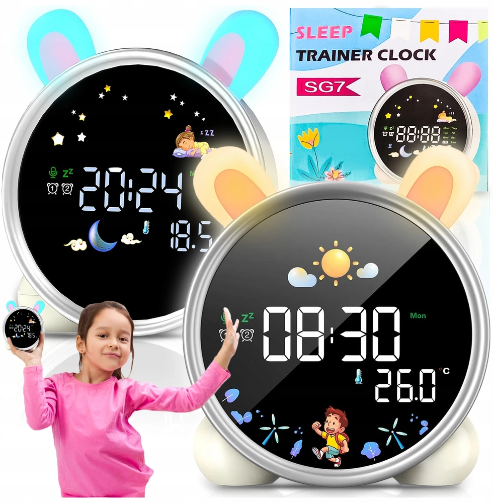 Pixel ZEGAR BUDZIK KRÓLIK DLA DZIECI Naktinė lempa LED TIMER Baltas SZUM akumuliatorius