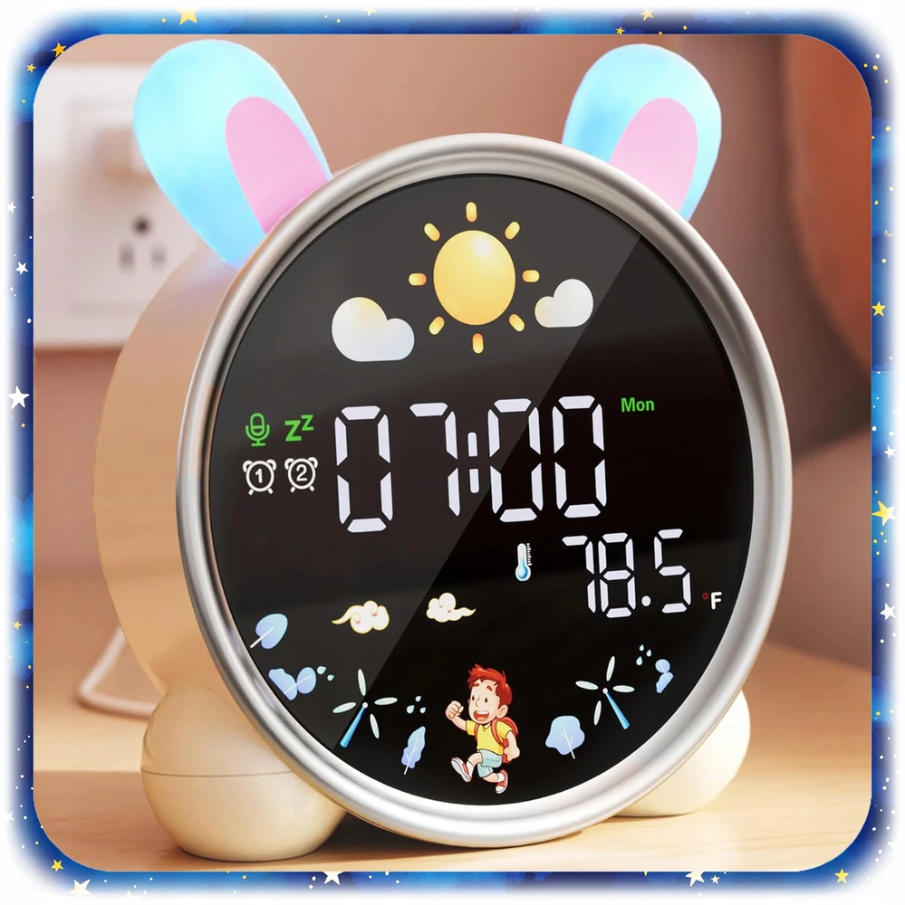 Pixel ZEGAR BUDZIK KRÓLIK DLA DZIECI Naktinė lempa LED TIMER Baltas SZUM akumuliatorius