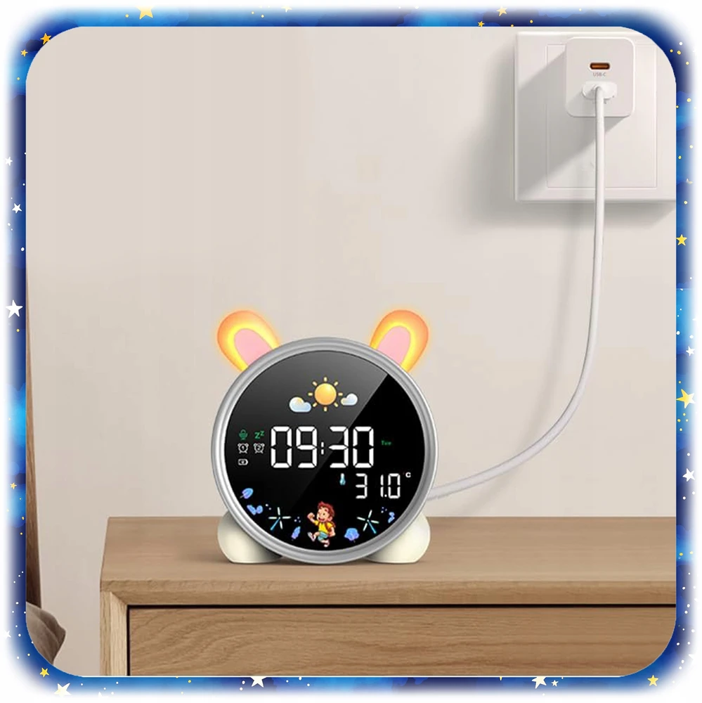 Pixel ZEGAR BUDZIK KRÓLIK DLA DZIECI Naktinė lempa LED TIMER Baltas SZUM akumuliatorius