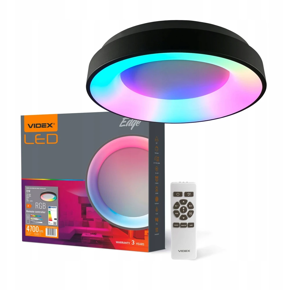 Lubinis šviestuvas Plafoninė apvali LED RGB lempa Videx 72W paviršinė juoda 45cm 4700lm + nuotolinio valdymo pultas