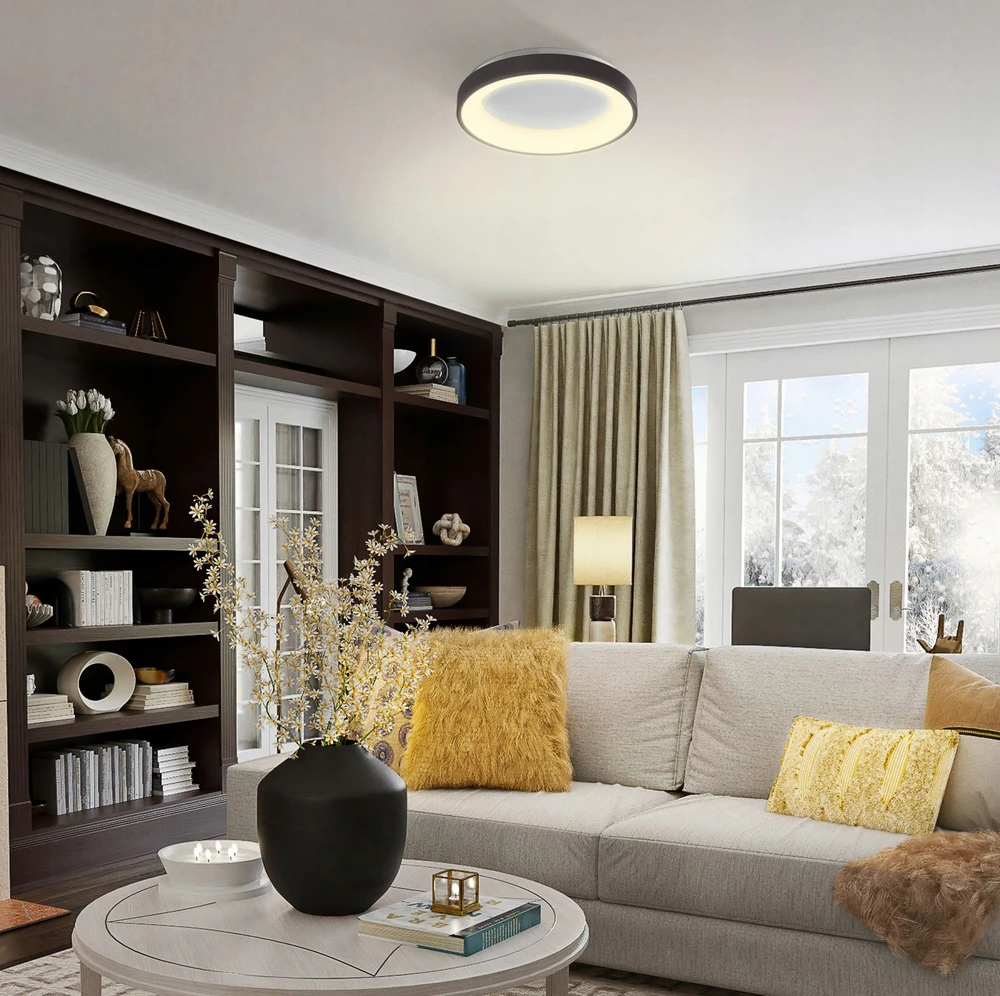 Lubinis šviestuvas Plafoninė apvali LED RGB lempa Videx 72W paviršinė juoda 45cm 4700lm + nuotolinio valdymo pultas