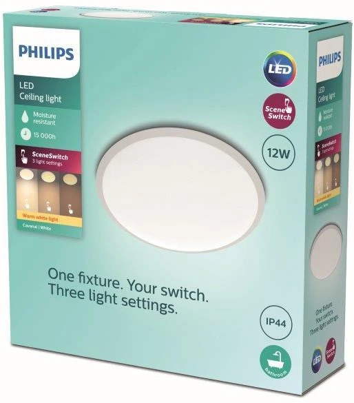 Lubinis šviestuvas Plafoninis LED šviestuvas PHILIPS CAVANAL, 12 W, 2700 K, 1200 lm, IP44, dimer., baltos sp., Ø25 cm