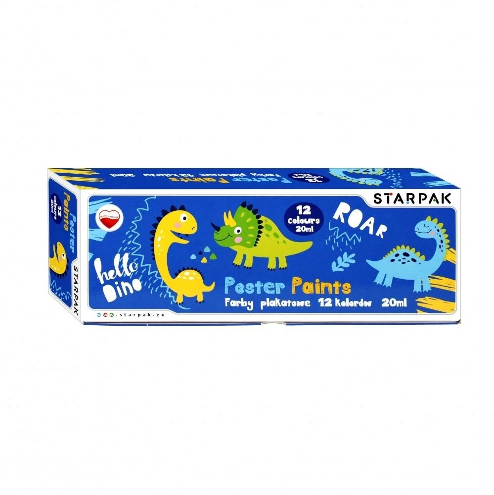 Plakatiniai dažai Starpak, 12 spalvų, 20ml, dinozaurų motyvas