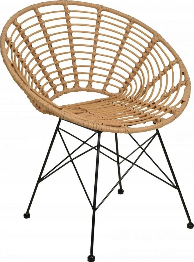 Planeta Design Apvali rotango kėdė Elegantiška, originali natūralios spalvos rotango kėdė, juodos spalvos metalinės kojos, modernus dizainas