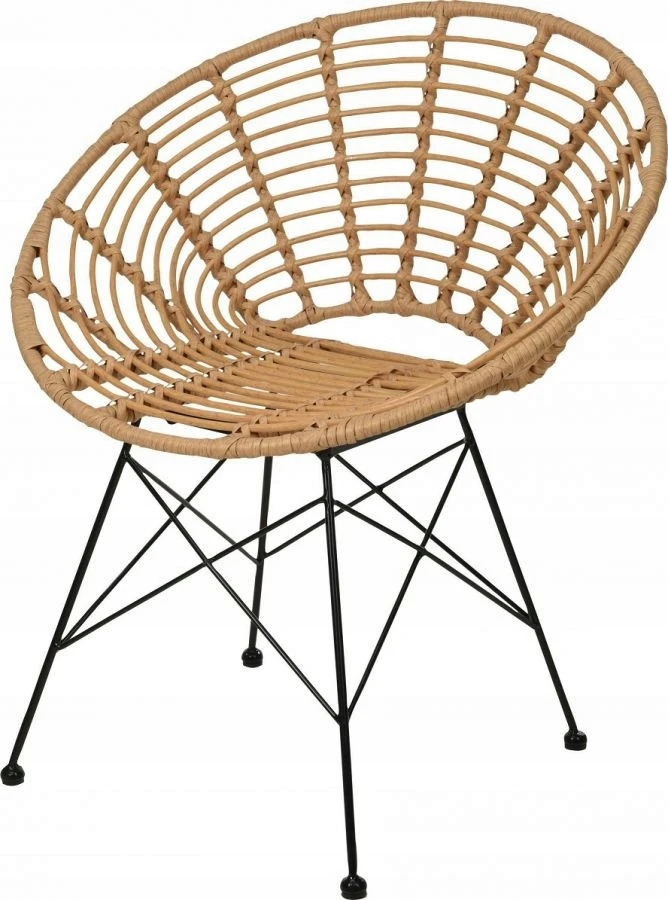 Planeta Design Apvali rotango kėdė Elegantiška, originali natūralios spalvos rotango kėdė, juodos spalvos metalinės kojos, modernus dizainas