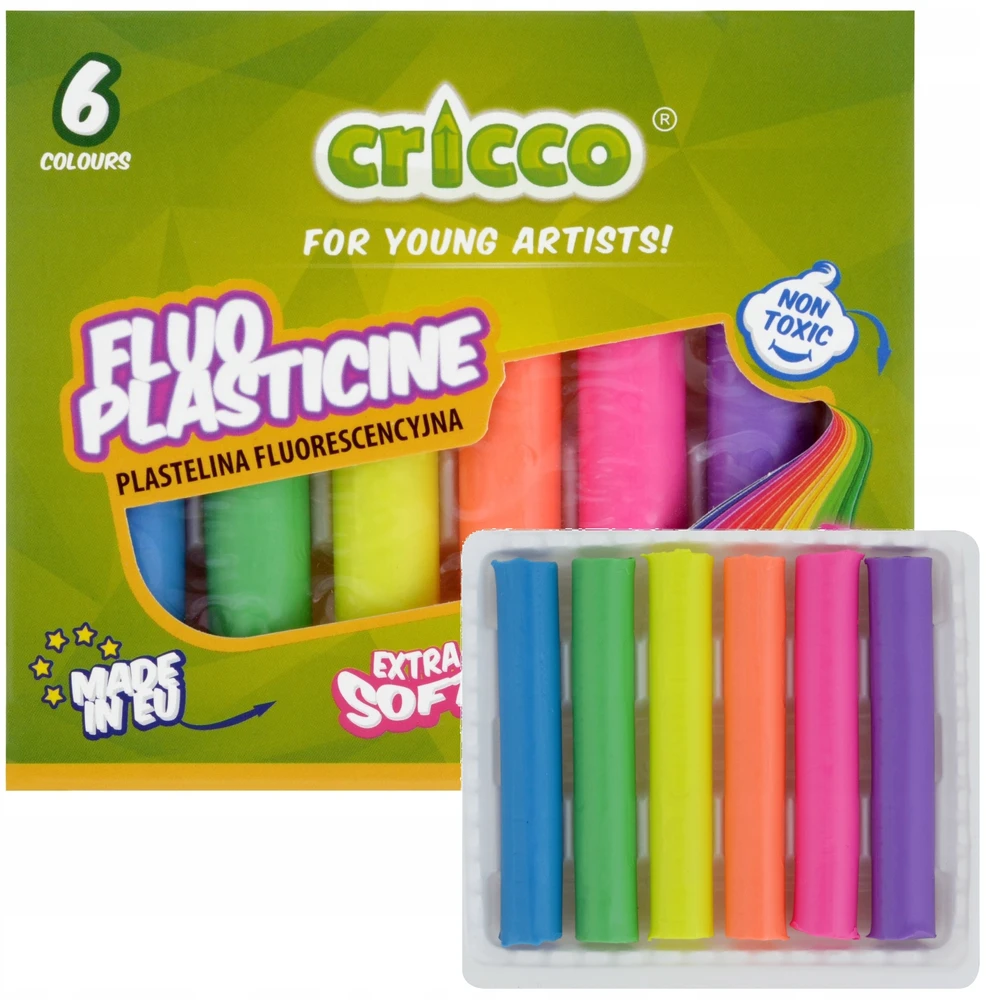 PLASTELINA FLUORESCENCYJNA NEONOWA SZKOLNA OKRĄGŁA Cricco masa 6 kolorów