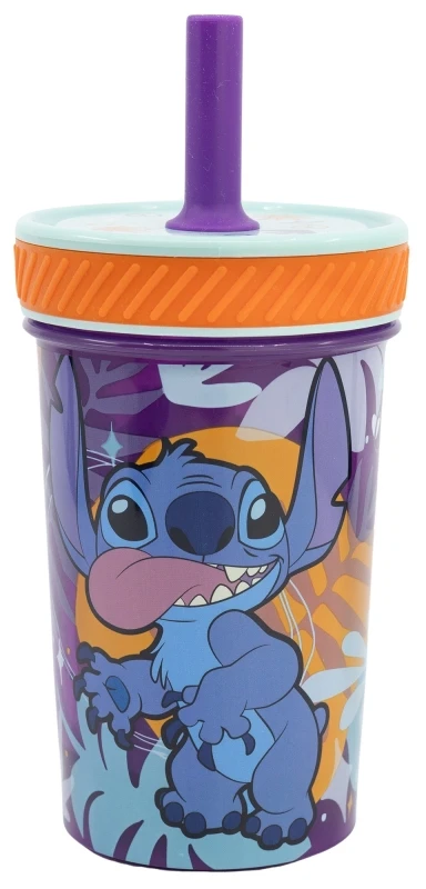 Stor „Disney Stitch“ – saugus, vandeniui atsparus puodelis su silikoniniu šiaudeliu iš „Aloha“ kolekcijos, 370 ml