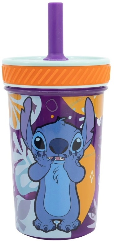 Stor „Disney Stitch“ – saugus, vandeniui atsparus puodelis su silikoniniu šiaudeliu iš „Aloha“ kolekcijos, 370 ml