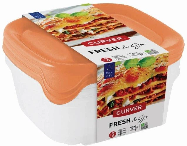 Plastikinių maisto laikymo indelių rinkinys CURVER Fresh&Go, mėtinės, pilkos, rausvos sp., 3x0,8L