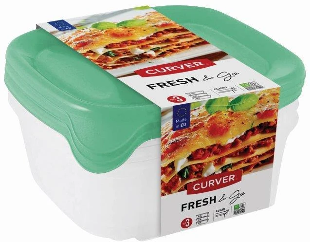 Plastikinių maisto laikymo indelių rinkinys CURVER Fresh&Go, mėtinės, pilkos, rausvos sp., 3x0,8L