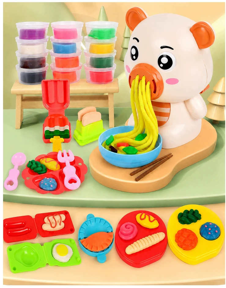 Plastilinas lipni masė makaronų gaminimo mašinėlė formelės kočėlas skrudintuvas meškiukas rinkinys vaikams 43 el. click4toys