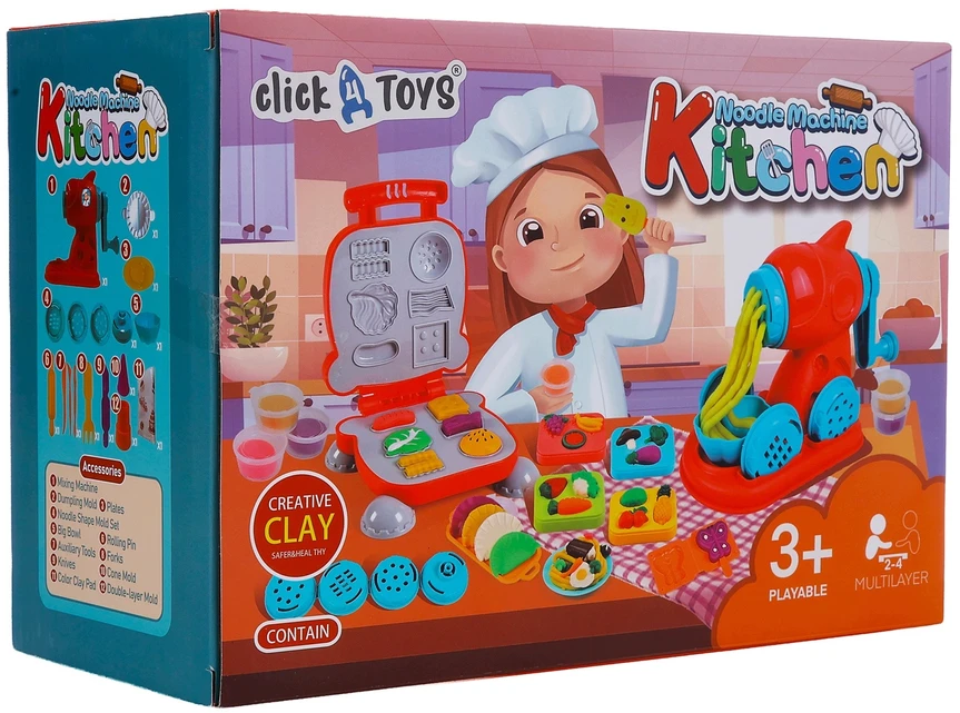 Plastilinas lipni masė makaronų gaminimo mašinėlė skrudintuvas mėsainis formelės rinkinys vaikams 51 elementas „click4toys“