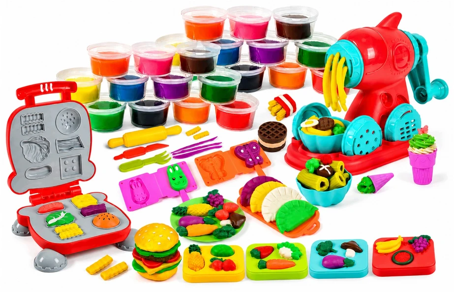 Plastilinas lipni masė makaronų gaminimo mašinėlė skrudintuvas mėsainis formelės rinkinys vaikams 51 elementas „click4toys“