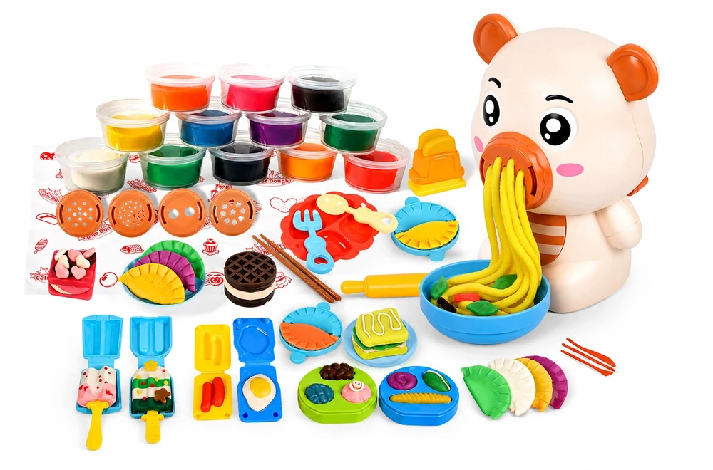 Plastilinas lipni masė makaronų gaminimo mašinėlė formelės kočėlas skrudintuvas meškiukas rinkinys vaikams 43 el. click4toys