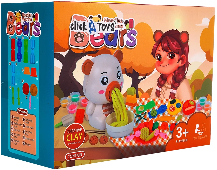Plastilinas lipni masė makaronų gaminimo mašinėlė formelės kočėlas skrudintuvas meškiukas rinkinys vaikams 43 el. click4toys