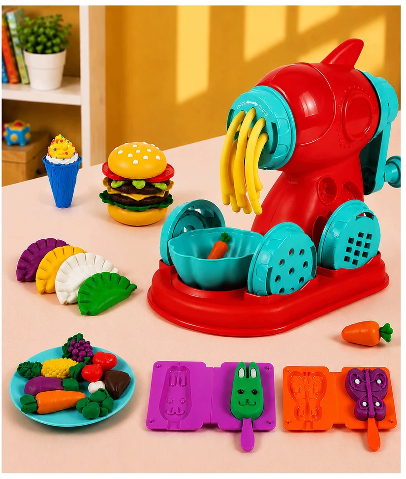 Plastilinas lipni masė makaronų gaminimo mašinėlė skrudintuvas mėsainis formelės rinkinys vaikams 51 elementas „click4toys“